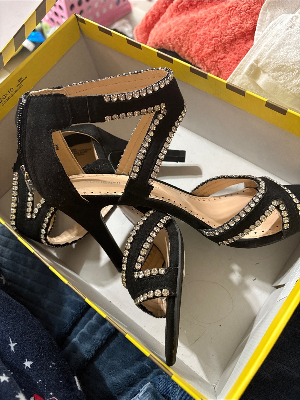 Adrienne Vittadini Black Rhinestone Strappy High Heel Sandals